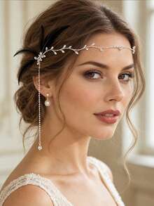 STONEFANS 1pc European Style Feather Headband With Rhinestones, Fairy-Like Hair Accessory For Single Dance Party, Women's Headband - Silver - View 1