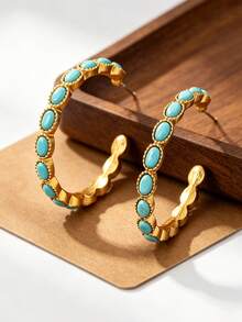 1 Pair Geometric Oval Faux Turquoise Hoop Earrings For Women - Multicolor - View 7