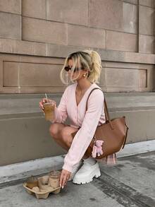 Áo cardigan len đan màu hồng cho mùa Thu/Đông, cổ chữ V, viền ren, áo len basic - Hồng - Xem 10