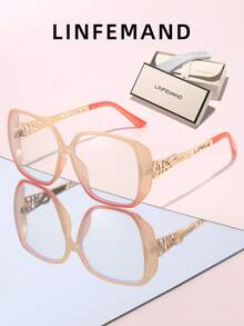 LINFEMAND 1 Pair Women's Oversized Gradient Non-Prescription Glasses, Hollow Metal Temple Design, Face-Flattering Small-Face Effect, Fashionable Contrast Color Frame, Daily Commute Office Wear, Versatile Decorative Eyewear - Clear - View 16