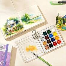 15 Colors Solid Watercolor Paint Travel Set, Portable Storage Art Painting Sketching Watercolor Paint Acrylic Box Mini Outdoor Quick Sketching Set, Student Hand Drawing Journal Art Painting Tools - Pink Set - View 3