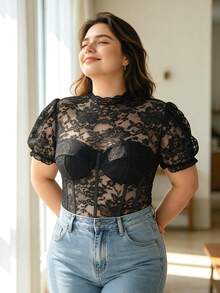 Plus Size Lace Petal Sleeve Jumpsuit, Stand Collar Sheer Waist-Cinching Jumpsuit - Black - View 3