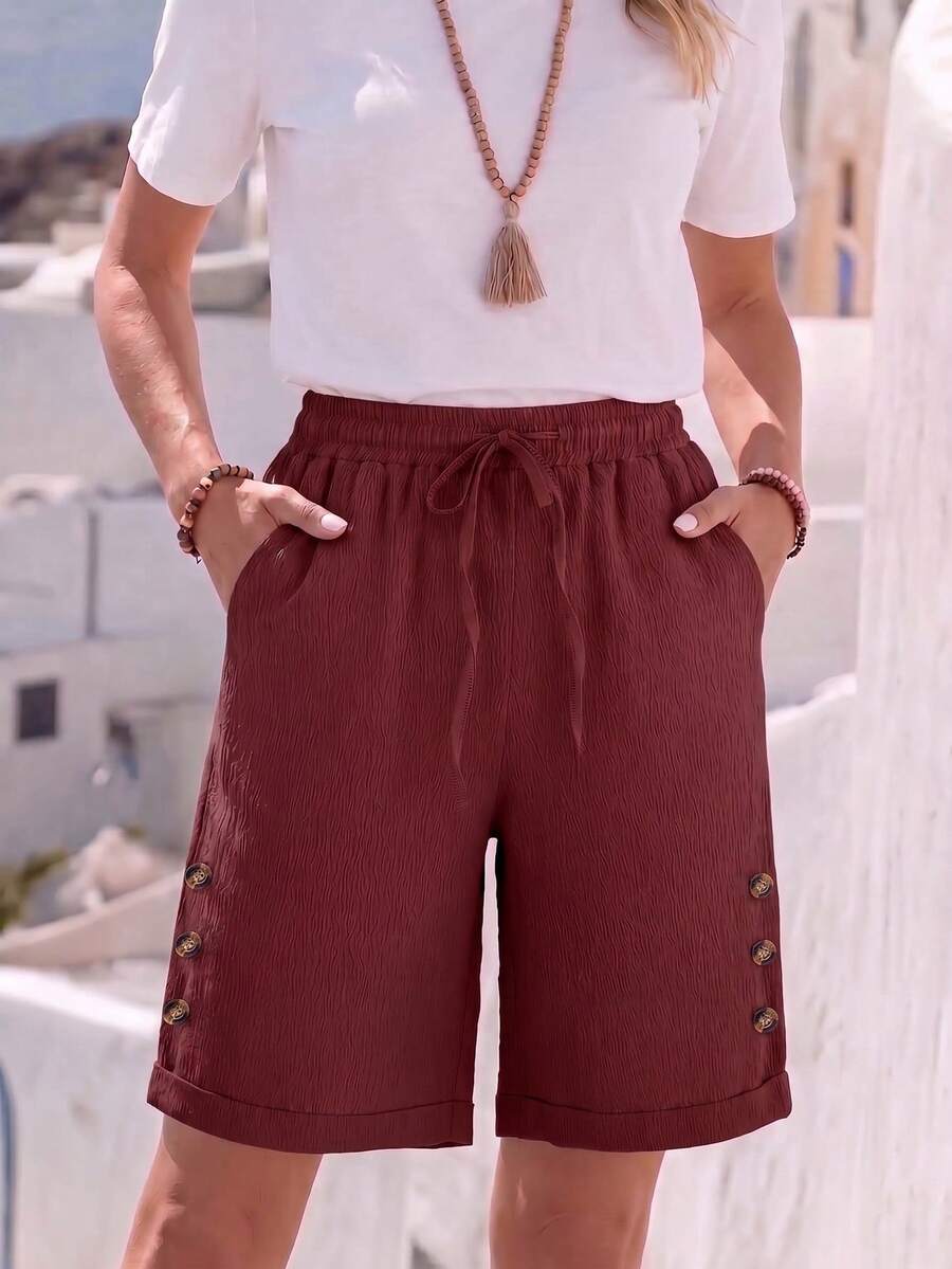 Jisfaneya Women's Button-Pocket Casual Cropped Pants Summer - Burgundy - View 1