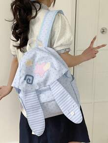 Rabbit Campus Backpack, Highly Attractive Little Rabbit Striped School Bag, Large Capacity, Double Layer Protection, Adjustable Shoulder Straps, Women's Backpack, Fresh College Style, Suitable For Commuting, Work, Travel And Various Other Scenarios - Blue - View 5