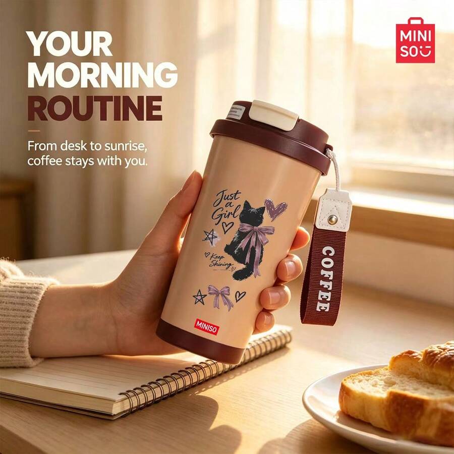 MINISO Water Cup, Coffee Cup, Simple And Elegant, 530ML Small Black Cat Pattern Coffee Cup, With Straw, New Autumnwinter Insulated Model; Valentine's Day Gift. - Coffee Brown - View 1