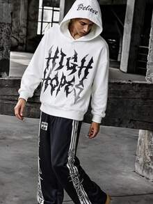 Lurzo Teen Boys Y2K Street Style Sports Hoodie Set, Letter Printed Hoodie,Contrast Stacked Waist Design Striped Printed Loose PantsAutumn And Winter - White - View 6