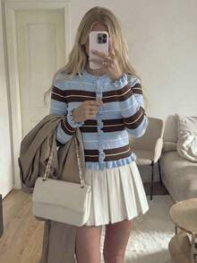 Plus Size Women Fall Winter Multicolor Striped Ruffle Trim Knit Cardigan , Casual Daily Long Sleeve Vacation For Women Fashion Top - Blue - View 10