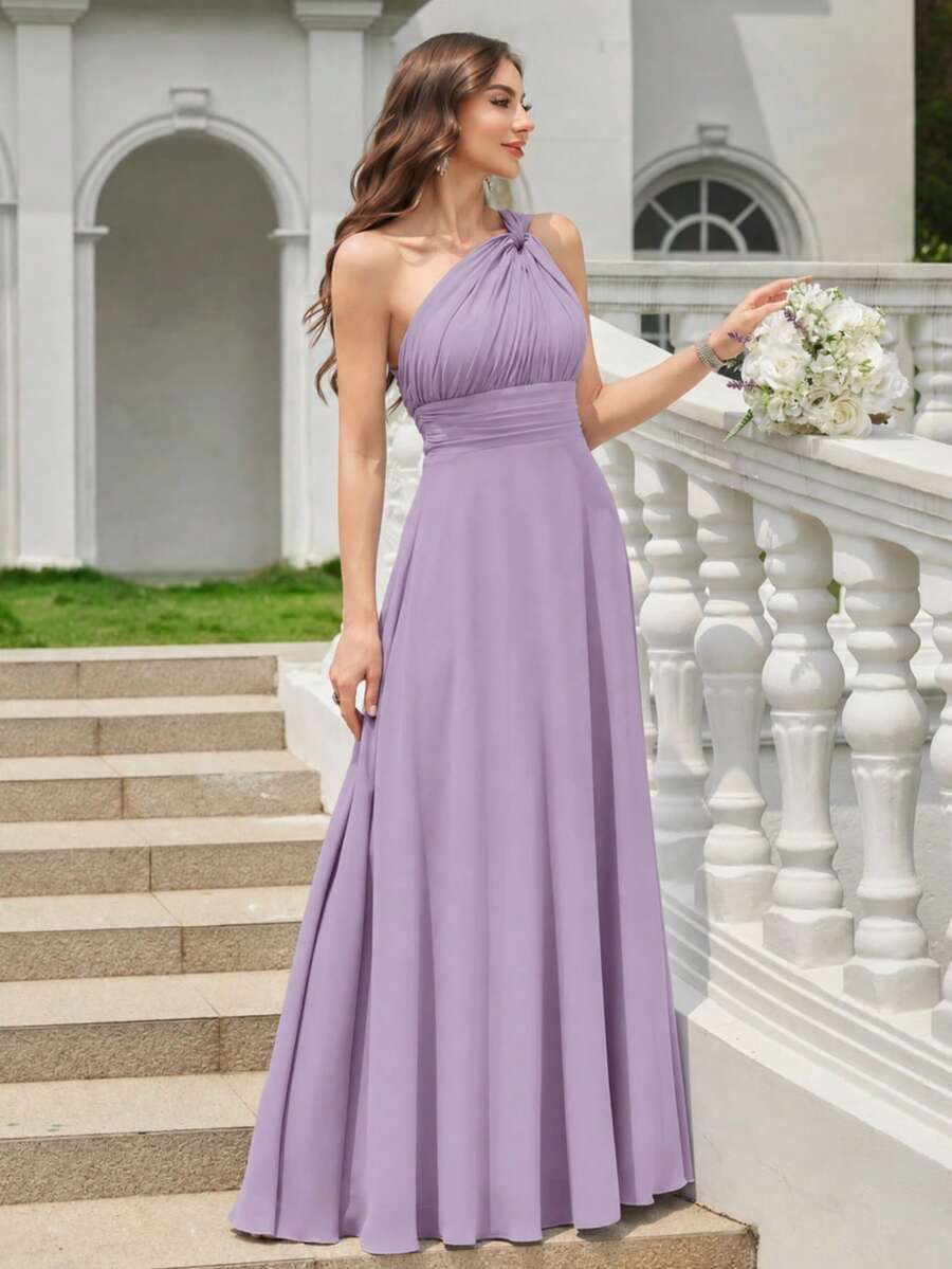 Volly Toych Gaun Bridesmaid Formal Panjang Elegan Berbahan Chiffon dengan Detail Kerut Satu Bahu Warna Abu-abu Muda-Ungu, Cocok untuk Tamu Pernikahan