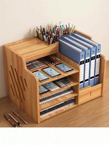 Wooden Office Desk Organizer With File Rack & Pen Holder, Multi-Functional Desktop Storage Cabinet For A4 Documents, Stationery, Mobile Phone, Home Office & Back To School Supplies - Yellow - View 2