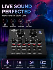 Kartu Suara V8-Live Real-Time untuk Karaoke, Perekaman, dan Streaming Langsung - Mixer Audio Eksternal USB, Cocok untuk Streaming Langsung KTV, Perekaman, dan Obrolan Suara, Berlaku untuk Laptop, Vlog, Streaming Langsung, dan Streaming Langsung Real-Time. - Hitam - View 1