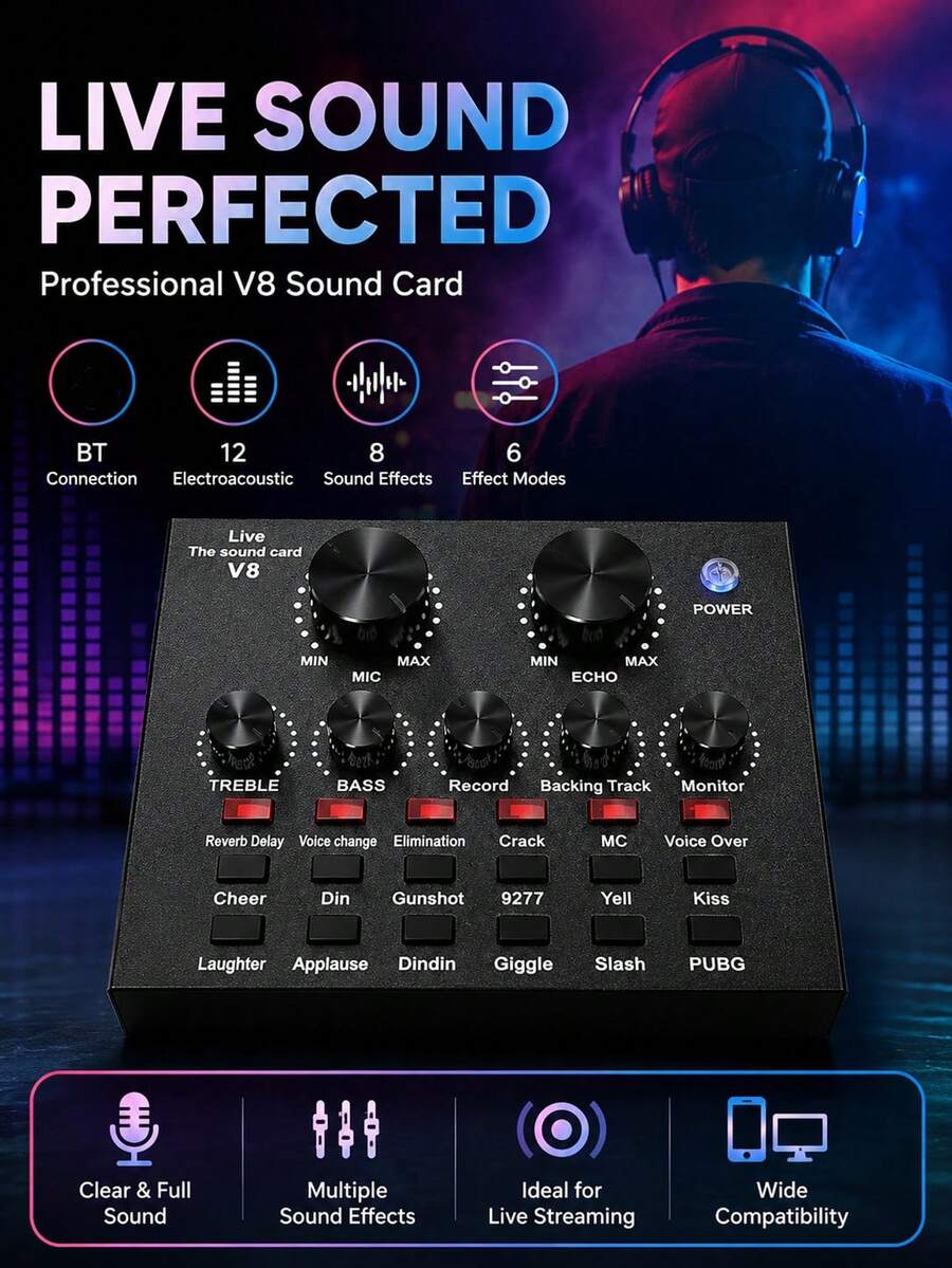 Kartu Suara V8-Live Real-Time untuk Karaoke, Perekaman, dan Streaming Langsung - Mixer Audio Eksternal USB, Cocok untuk Streaming Langsung KTV, Perekaman, dan Obrolan Suara, Berlaku untuk Laptop, Vlog, Streaming Langsung, dan Streaming Langsung Real-Time. - Hitam - View 1