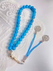 1pc 33-Bead Muslim Prayer Beads Blue Pattern Tasbih Prayer Beads Vintage Silver Decor Handheld Beads - Multicolor - View 6
