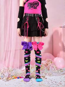 1 Pair Knee-High Socks, 3D Bow & Heart Polka Dot Pattern, Suitable For All Seasons. Perfect For Parties, Cosplay, School, Weddings, Outdoor And Daily Wear, Ideal Gift - Multicolor - View 2