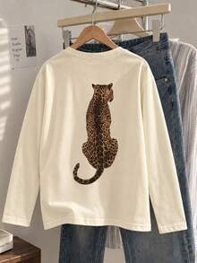Tween Girl 1pc Printed Long Sleeve T-Shirt, Suitable For Girls' Autumn/Winter Top, Young Student Children's Clothing, Suitable For Outerwear And Layering - Apricot - View 8