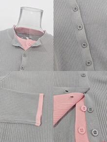 French Gentle Style Sweet Long Sleeve Contrast Color 2 In 1 Knit Cardigan Jacket Women's Early Autumn Slim Fit Flattering Short Outerwear Top - Grey and Pink - View 8