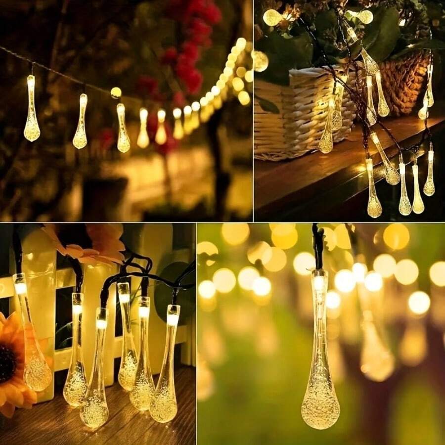 Atmospheric Warm Light Solar Water Drop String Lights, Available In 5M20LEDs, 7M50LEDs, 12M100LEDs, Crystal Clear Water Drop Pendant With Transparent Design, Warm Light Penetrating Water Drop Shell, Soft And Gentle Light Effect, Fresh And Natural Visual Experience. Solar Powered Design, Collects Sunlight During The Day, Automatically Lights Up At Night, No Wiring Required, Easy Installation, Just Hang It Up. Multiple Lighting Modes For Customization