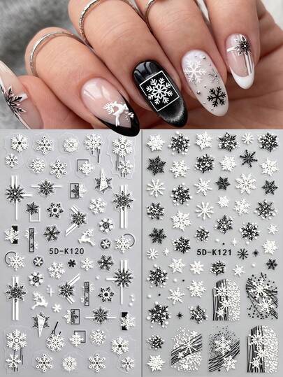 QIANJIKU 2pcs 5D 3D Embossed Black & White Snowflake Winter Theme Nail Art Stickers, Black And White Snowflakes, Geometric Lines, Reindeer And Ice Crystal Patterns, Nail Artist Supplies, Suitable For Winter, Christmas, Holiday Gifts And Daily Nail Decoration