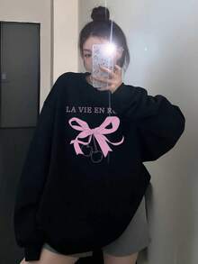 Niche Sweet Style Bow & Cherry Print Round Neck Sweatshirt For Women Black Oversized Soft Atmosphere Autumn Pullover - Black - View 5