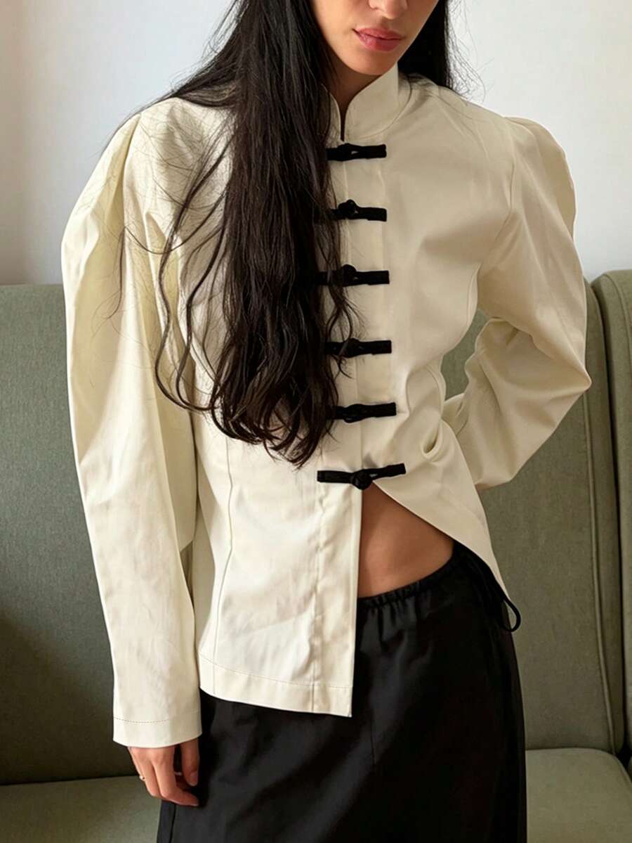 Women's Elegant New Chinese Style Stand Collar Frog Button Long Sleeve Cardigan Top, Solid Color Contrast Frog Button, Commute Daily Date - Apricot - View 1