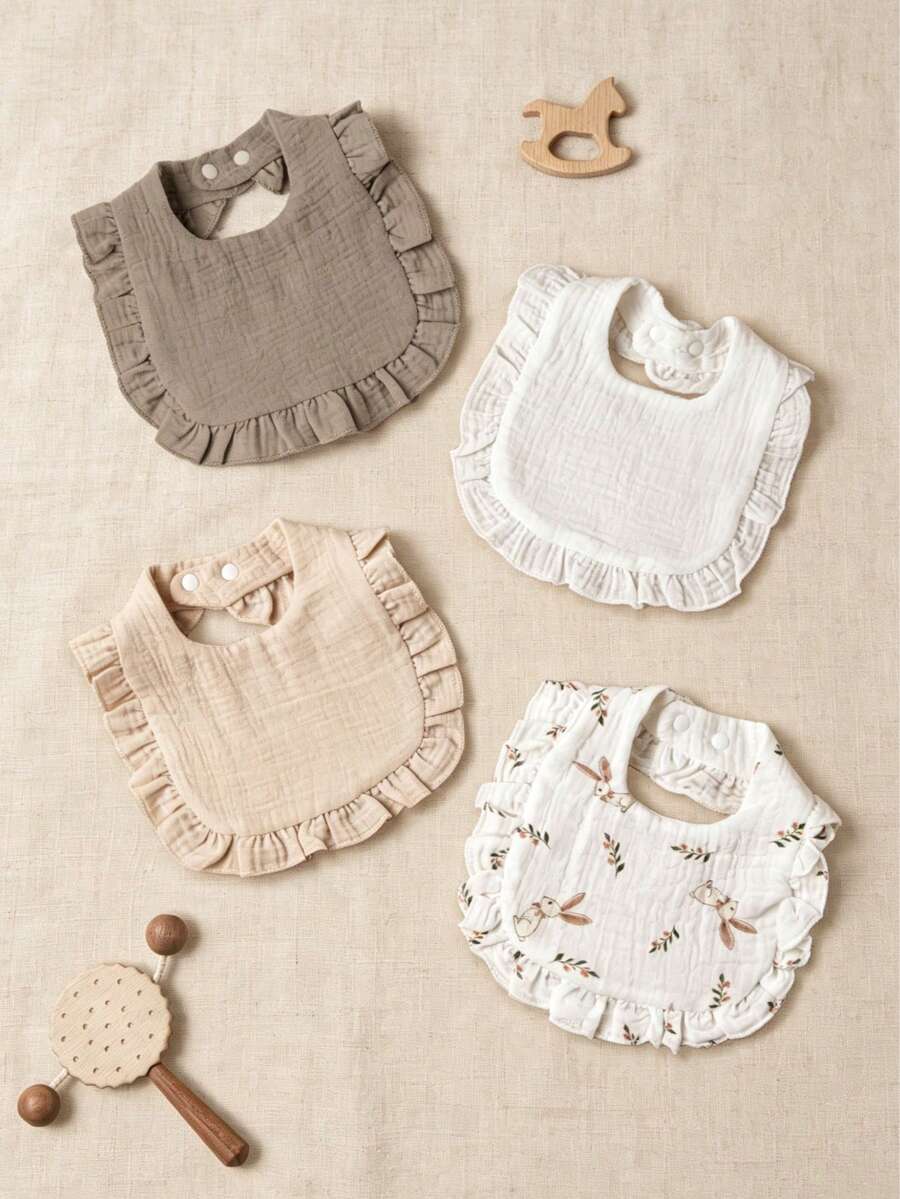 4pcs Baby Drool Bibs, Ruffle Edge Newborn Bib Set, Crinkle Fabric Absorbent Soft, Suitable For Boys And Girls Infants All Seasons, Solid Color & Printed, Perfect For Home, Outings And Baby Gifts - Multicolor - View 1