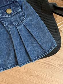 2pcs/Set Baby Girl Fashion Washed Blue Effect Raw Edge Collar Long Sleeve Regular Top And Pleated Skirt Set, Daily Back To School Autumn Outfit - Blue - View 6