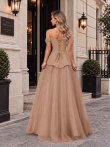 VIPGIRL Elegant Women's Strapless Evening Gown, Ruffle Design, Long Full Skirt, Slightly Elastic Mesh Fabric, Suitable For High-End Evening Events - Khaki - View 2