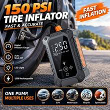 Pompa Ban 150PSI & Kompresor Udara Portabel dengan Pengukur Tekanan Ban & Layar LED - 3X Lebih Cepat, Pompa Sepeda Mini Nirkabel Pintar Sekali Sentuh, Bertenaga USB, Baterai Isi Ulang 7.4V 2000mAh - Wireless - View 1