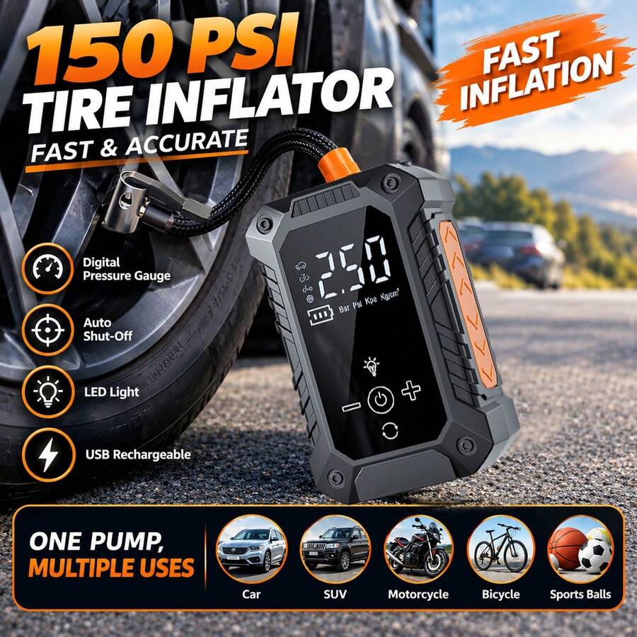 Pompa Ban 150PSI & Kompresor Udara Portabel dengan Pengukur Tekanan Ban & Layar LED - 3X Lebih Cepat, Pompa Sepeda Mini Nirkabel Pintar Sekali Sentuh, Bertenaga USB, Baterai Isi Ulang 7.4V 2000mAh - Wireless - View 1