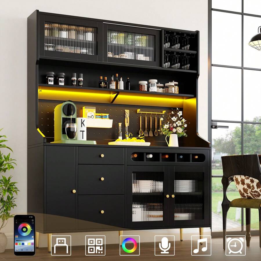 Flieks Highboard With Adjustable Shelves & LED Lights, Freestanding Storage Unit For Living Room Kitchen Dining, Tall Cabinet With Wine Rack, Dimensions 145x39x171cm - Black - View 1