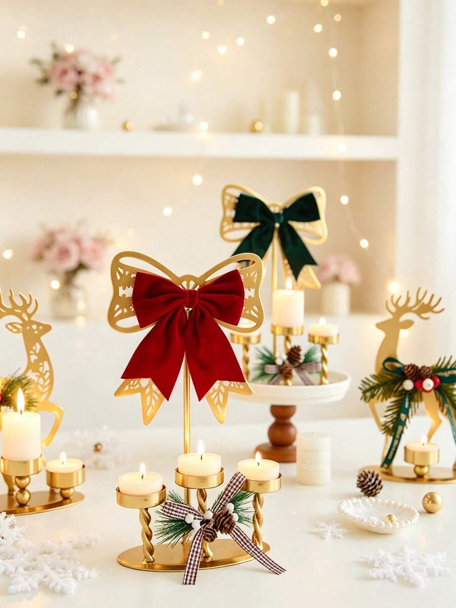 1pc Gold Tall Candle Holder/Christmas Candle Holder, Decorated With Butterfly And Reindeer Patterns, Forged Iron Craft, Can Hold Multiple Candles, Suitable For Home Decor, Halloween And Christmas Decoration, Creating Festive Atmosphere - Multiple Styles - View 1