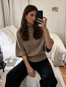 Autumn/Winter New Women's High Neck Short Sleeve Knit Top - Mocha Brown - View 2