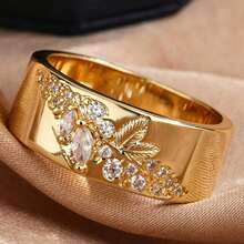 1pc Vintage 14K Gold Plated Leaf Zirconia Wide Band Ring, Unisex Luxury Design Statement Ring, Niche Style Elegant Accessory Gift Jewelry - Yellow - View 10
