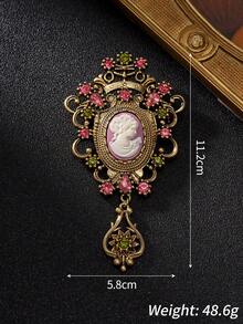 1pc Vintage Embossed Portrait Cameo Brooch, Distressed Gold Color Rhinestone Inlaid Palace Style Pendant Brooch Flower, Women's Coat & Dress Accessory - Multicolor - View 2