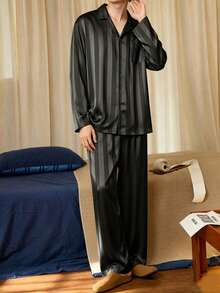 Gongdie 2pcs/Set Men's Pajama Set, Autumn/Winter Striped Silky Soft Loungewear With Pockets - Coffee Brown - View 4