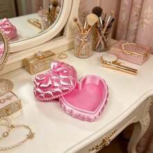 1pc Princess Style Heart-Shaped Satin Large Capacity Jewelry Storage Box, 3D Bow Pearl Quilted Diamond Pattern Jewelry Box, Lolita Girl Heart Portable Ring Earring Dust-Proof Box, Cosmetic Storage, Makeup Brush Box, Large Capacity Makeup Box, Accessory Storage Box, Exquisite Desktop Decor, Creative Birthday Valentine's Day Gift For Girlfriend Best Friend Holiday - Multicolor - View 2