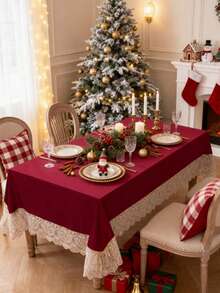 1pc Vintage Christmas Theme Tablecloth, Holiday Family Gathering Banquet Tabletop Atmosphere Decorative Tablecloth - Red - View 1
