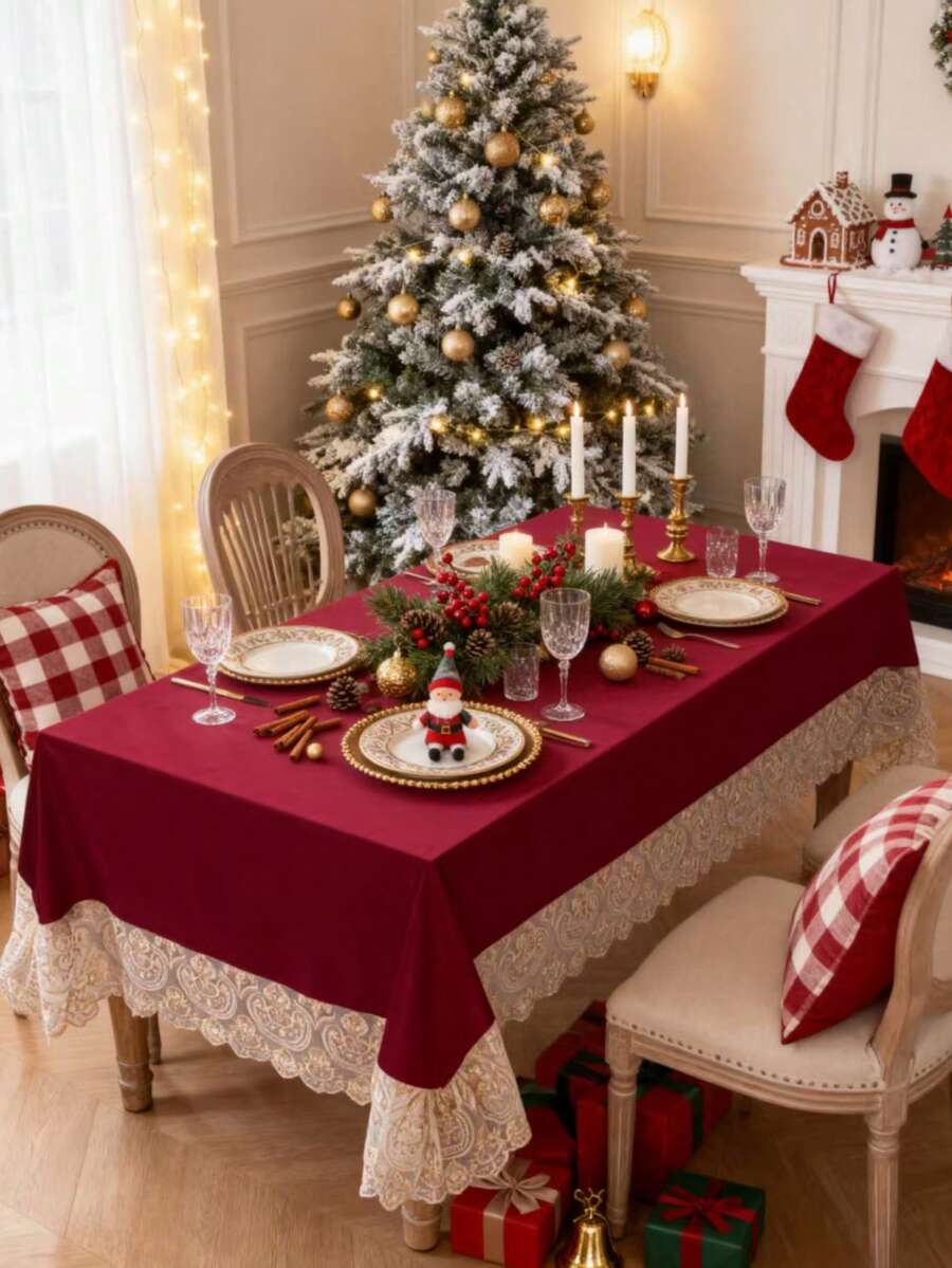 1pc Vintage Christmas Theme Tablecloth, Holiday Family Gathering Banquet Tabletop Atmosphere Decorative Tablecloth - Red - View 1
