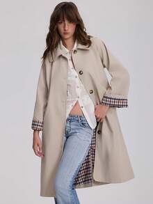 French Vintage Old Money Style Single-Breasted Long Trench Coat Plaid Colorblock Cuffed Sleeve Jacket - Khaki - View 4