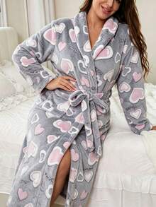 Plus Size Women's V-Neck Long Sleeve Flannel Thickened Robe, Elegant Pink Heart Pattern With Belt, Long Robe Loungewear For Autumn/Winter - Grey - View 3
