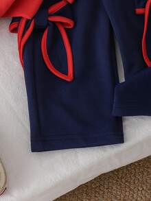 2pcs Baby Girl Sporty Casual Contrast Color 3D Big Bow Long Sleeve Sweatshirt & Pants Set, Thin Spring/Autumn - Red - View 9