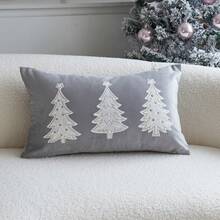 1pc Christmas Tree Embroidered Pillow Case, Christmas Star Pillow Case, Suitable For Indoor Decoration, Christmas Decoration, All-Season Pillow Case, Without Insert - Grey - View 10