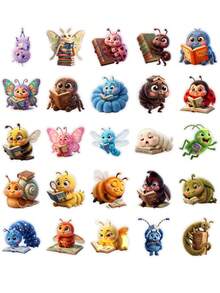 50Pcs Cartoon Reading Bug Stickers, Furry Bee, Butterfly & Caterpillar Decals, PVC Waterproof Self-Adhesive Stickers For Planner & Diary - Multicolor - View 8