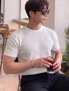 Men's Summer Casual Classic Small Pineapple Pattern Short Sleeve Knit Sweater, Essential Summer Wardrobe Outfit Piece Knit Top - White - View 5