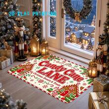 1pc 2D Flat Printing Christmas Candy Lane Theme Doormat, Gingerbread House & Candy Cane Pattern Indoor Non-Slip Carpet, Machine Washable Easy Clean Polyester Rug, Suitable For Home & Outdoor Decor, Entryway, Bedroom, Balcony, Gift Home Decor - Champagne - View 3