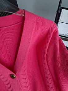 BYGOUBY Women's V-Neck Long Sleeve Cable Knit Cardigan, Solid Pink Front Button Short Knit Sweater, Autumn Casual Jacket - Pink - View 9
