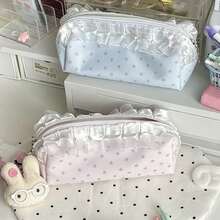 1pc Light Blue & Light Pink Star Print Fabric Pencil Case, Dreamy Lace Ruffle Zipper Design, Elegant Ballet Theme Pencil Pouch, Exquisite Design, Girly Pencil Bag, Suitable For Students, Classroom, Study Desk Storage, Can Store Neutral Pens, Rulers, Erasers, Miscellaneous Items, Portable Storage Bag, Also Suitable As A Practical Makeup Bag, Meets Both Student Daily Use And Everyday Life Needs - Multicolor - View 2