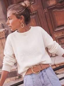 New Women's Back Split Contrast Lace Knit Top, Soft Long Sleeve Crew Neck Pullover Sweater, Elegant Base Layer - Apricot - View 2