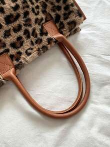 Tas Tangan Wanita Motif Leopard Berbahan Plush dengan Pegangan dan Detail Jahitan, Tas Tote Vintage Kapasitas Besar untuk Belanja Sehari-hari di Musim Gugur/Dingin - Coklat - View 3