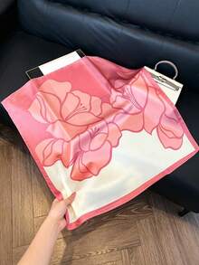 1pc Classic Pink Large Floral Print Square Silk Scarf, Versatile Headscarf, Multi-Functional For All Seasons - Multicolor - View 4