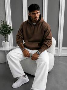 Men Solid Kangaroo Pocket Hoodie And Jogger Pants 2 Pieces Set, Brown Loose Casual Tracksuit - Brown - View 5